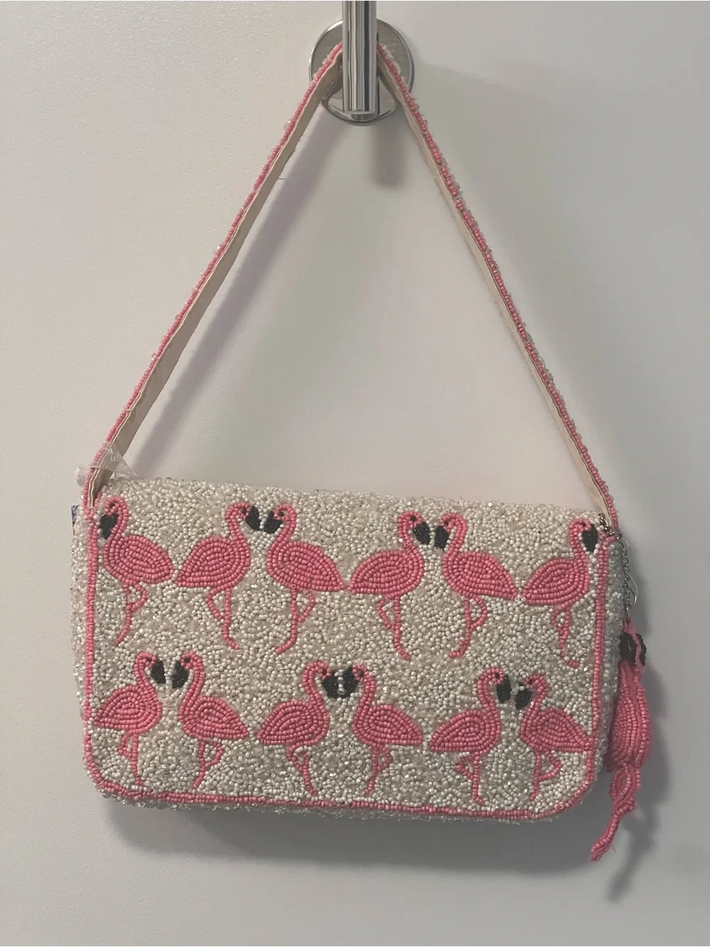 Pink Flamingo Beaded Top-Handle Bag White Sequins Viral Novelty India New - Picture 5 of 8
